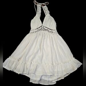 Akira Women's M, Mini Dress In A White Crinkle Knit & Eyelet Lace: Cottagecore